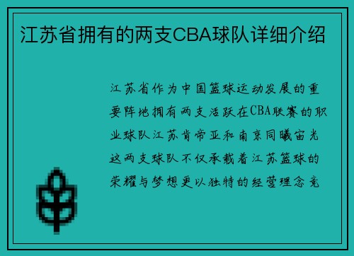 江苏省拥有的两支CBA球队详细介绍