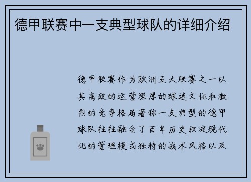 德甲联赛中一支典型球队的详细介绍